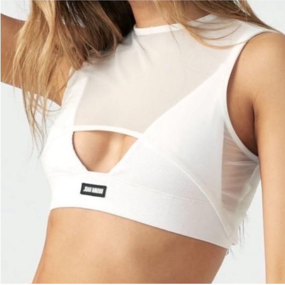 Joah Brown White Sleeveless Mesh Crop Top S/M